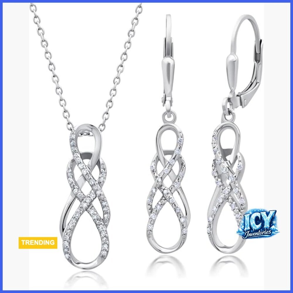 Sterling Silver Diamond Infinity Pendant Necklace and Earrings Set